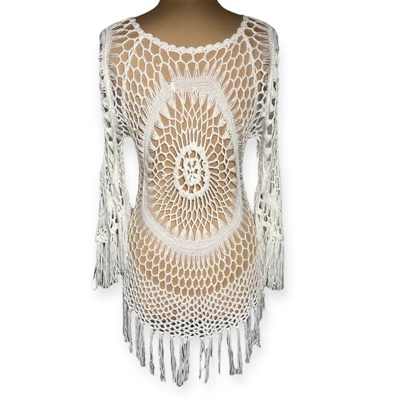 CUPSHE White Crochet swim cover up boho Tassel Three Quarter Sleeve size S - Picture 3 of 9